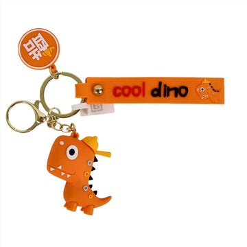 Orange PVC dinosaur keychain with ring, cool dino strap, and small dino charm