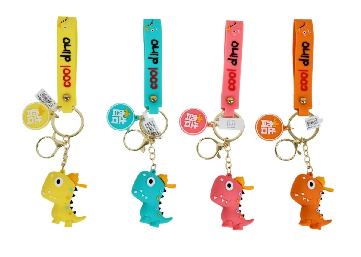 Assorted dinosaur keychains with colorful cool dino straps and small dino charms