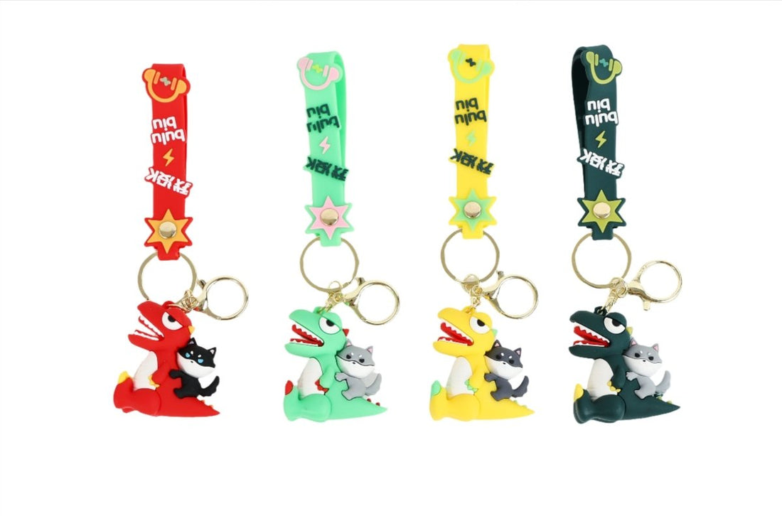 Assorted dinosaur keychains set with red, mint, yellow, and dark green straps