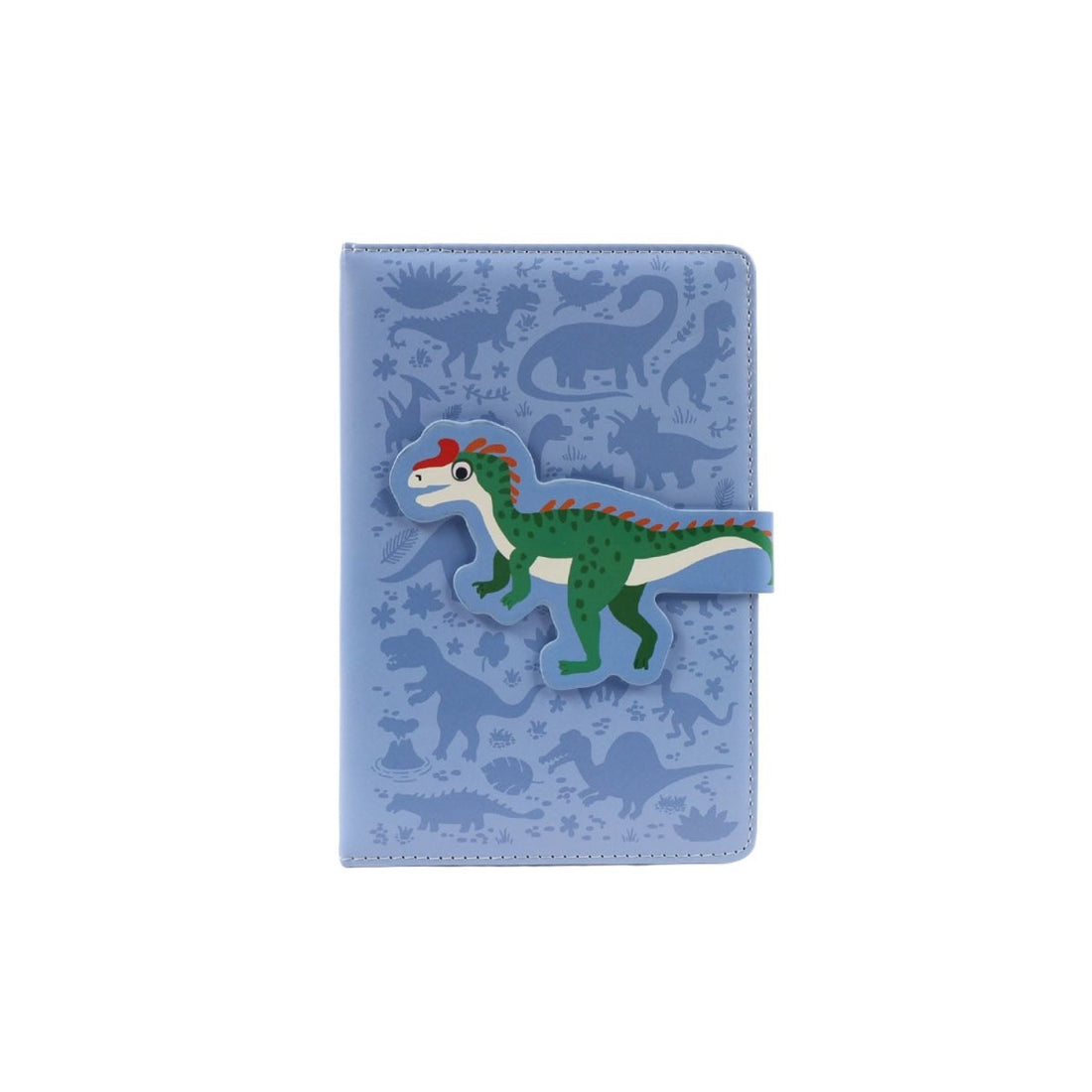 Dinosaur notebook with blue patterned cover, dinosaur emblem, and side strap closure