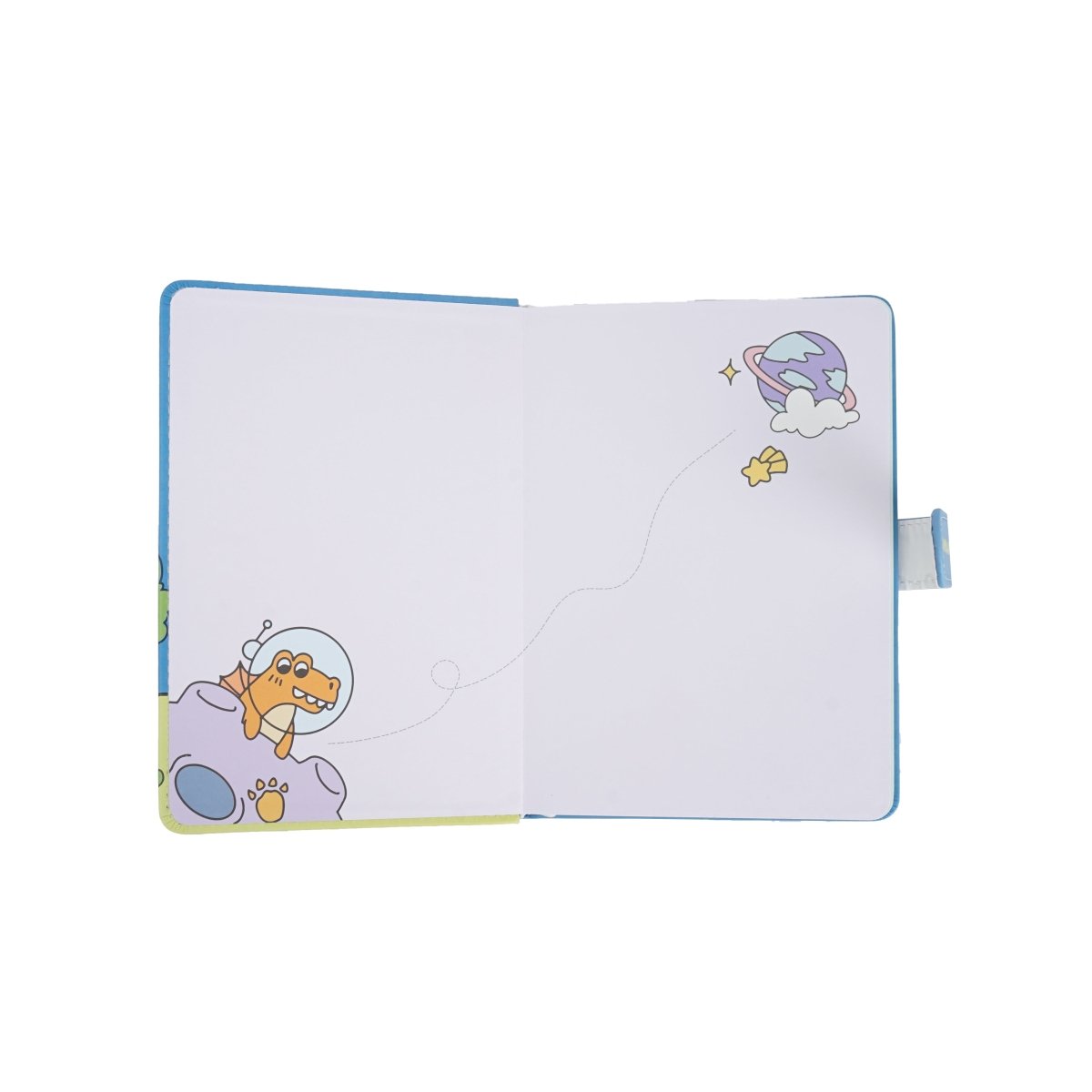 Open dinosaur PU magnetic buckle notebook with printed white pages and cover art