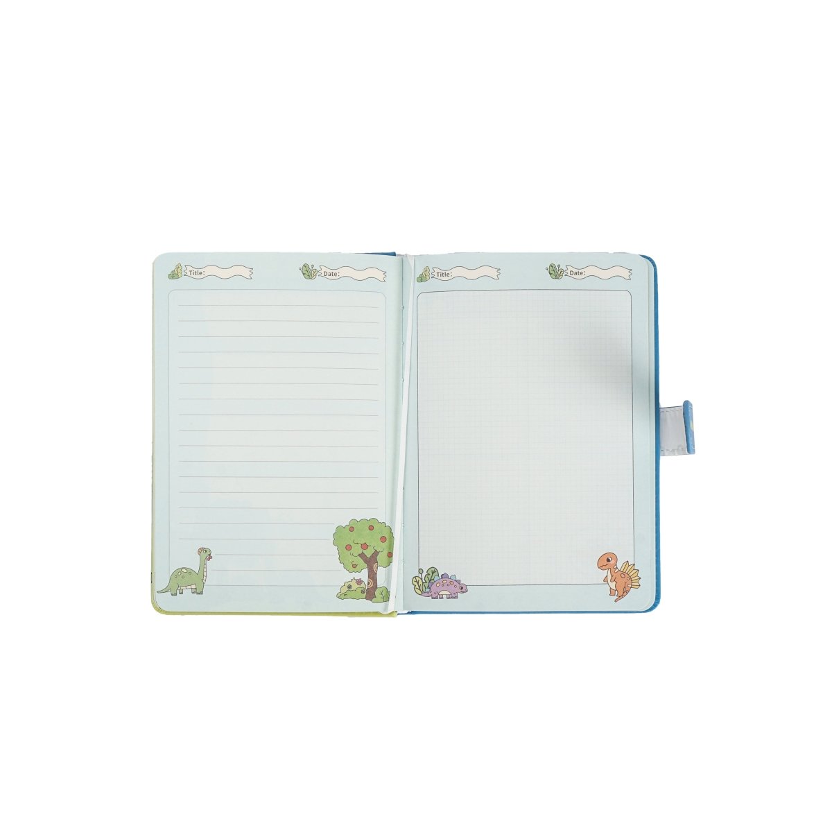 Open dinosaur PU magnetic buckle notebook with lined pages and small dinosaur motifs