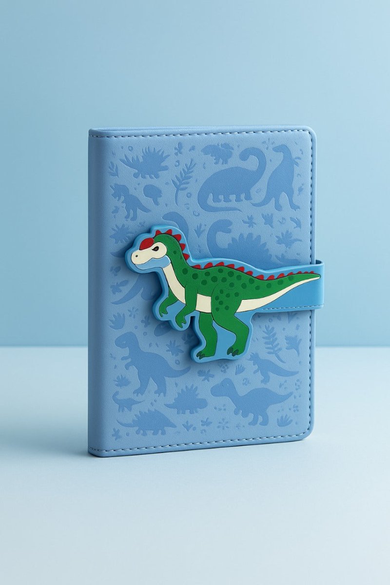 Dinosaur notebook with blue cover, stitched edges, and colorful dinosaur front applique