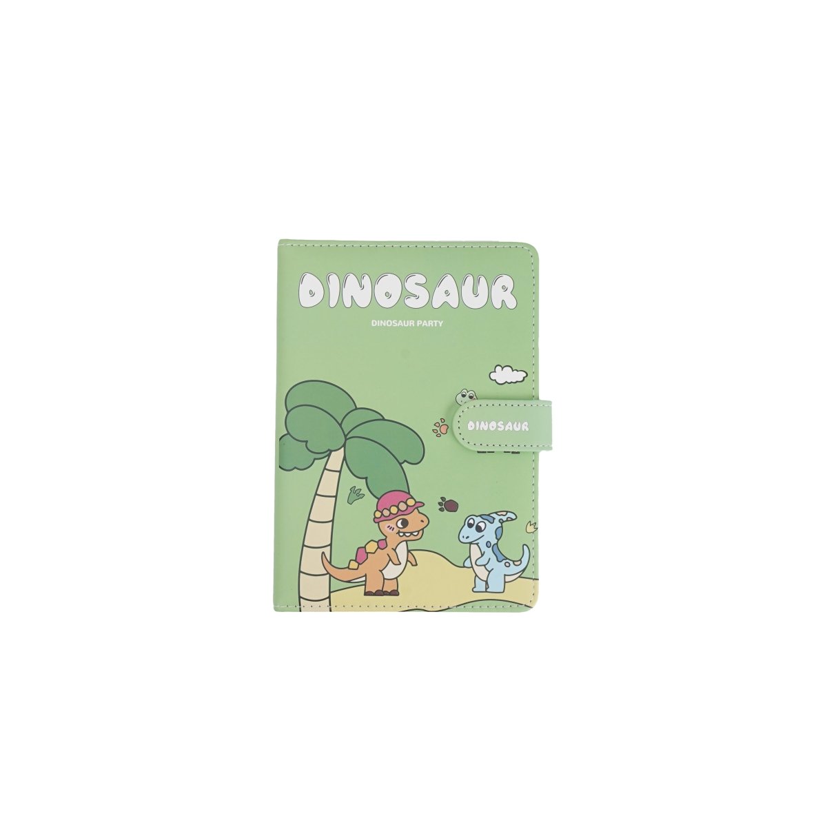 Green dinosaur PU magnetic buckle notebook cover with tree and character illustration