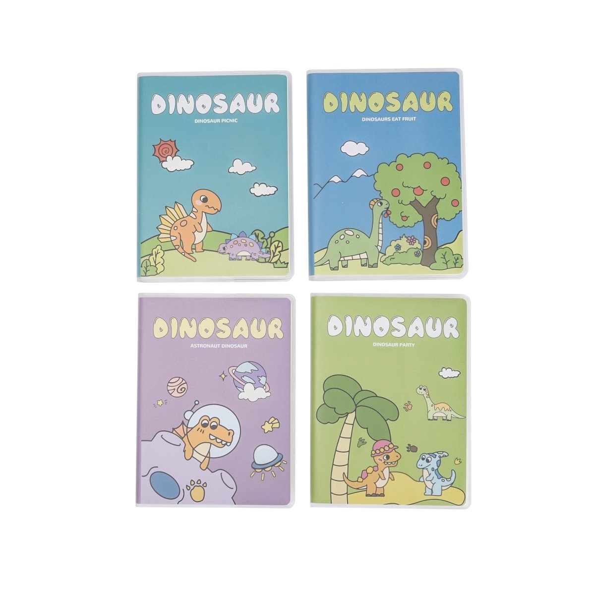 Four A6 notebooks with dinosaur matte rubber covers in blue, purple, and green