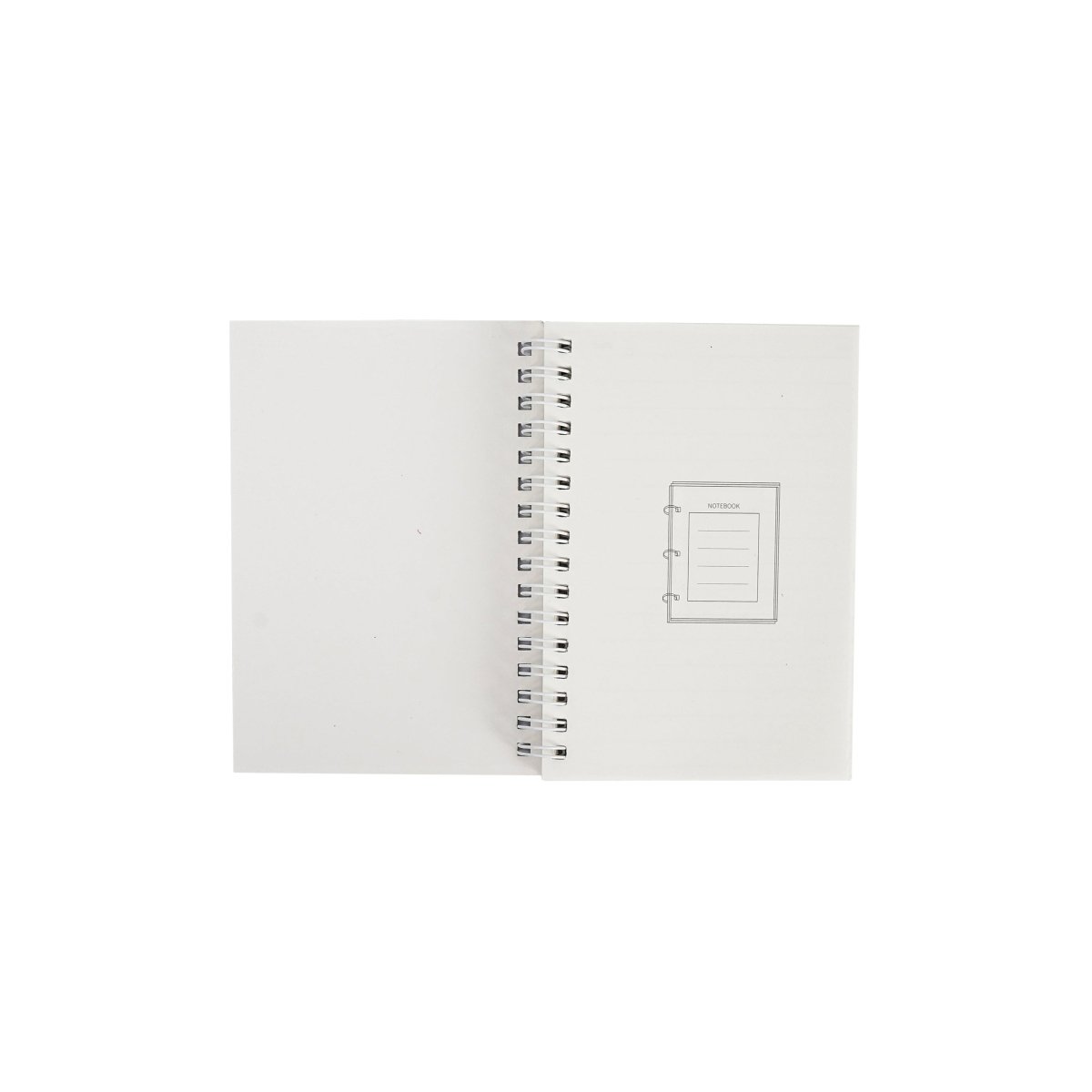 Dinosaur A6 coil notebook back pages, white spread with coil rings and small label box.