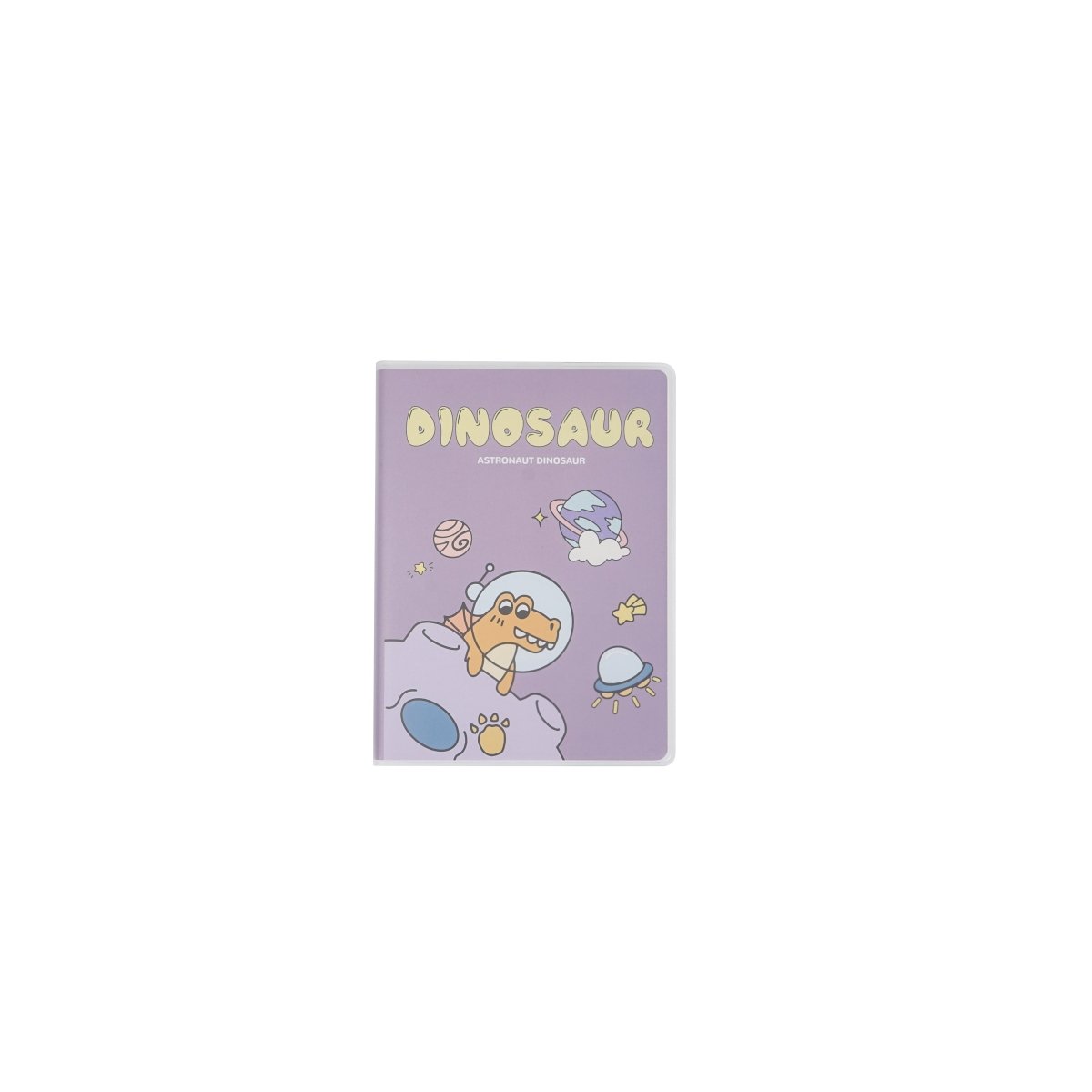 Purple A6 notebook with matte rubber dinosaur cover, astronaut dino and space icons