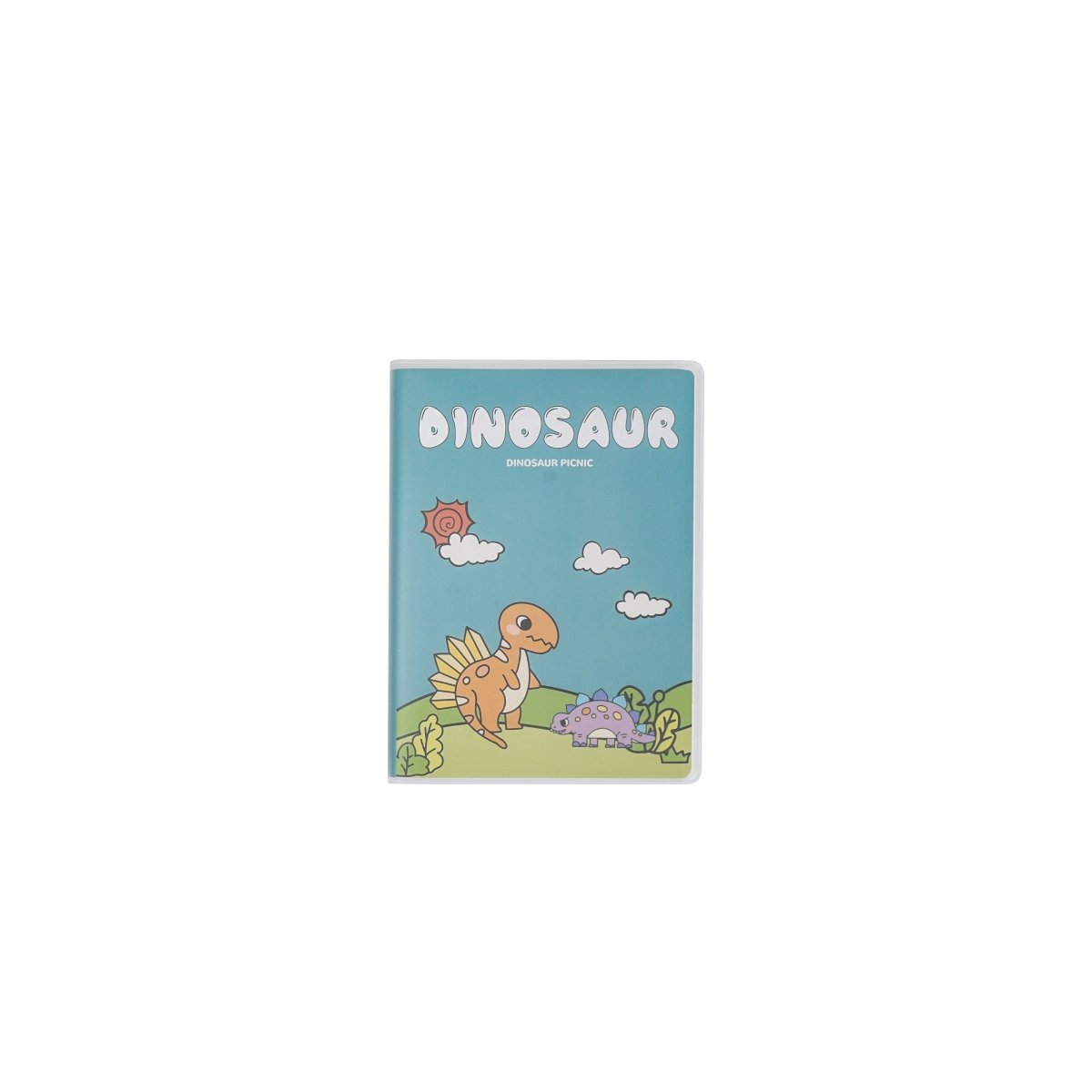 Blue A6 notebook with matte rubber dinosaur cover, cute dino and eggs illustration