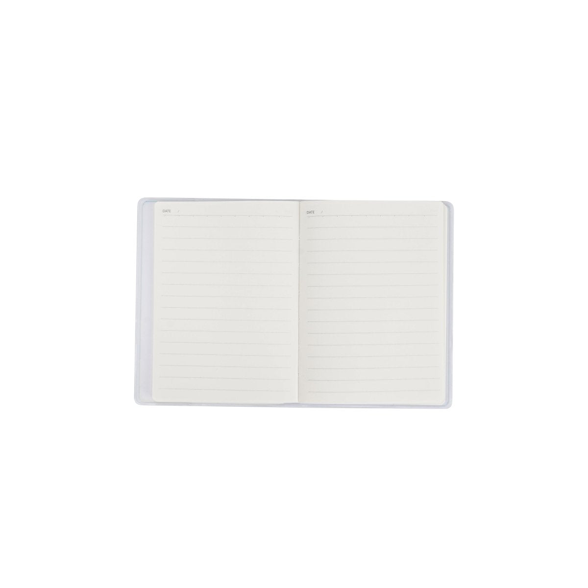 A6 notebook open to lined pages under a clear plastic cover