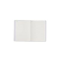 A6 notebook open to lined pages under a clear plastic cover
