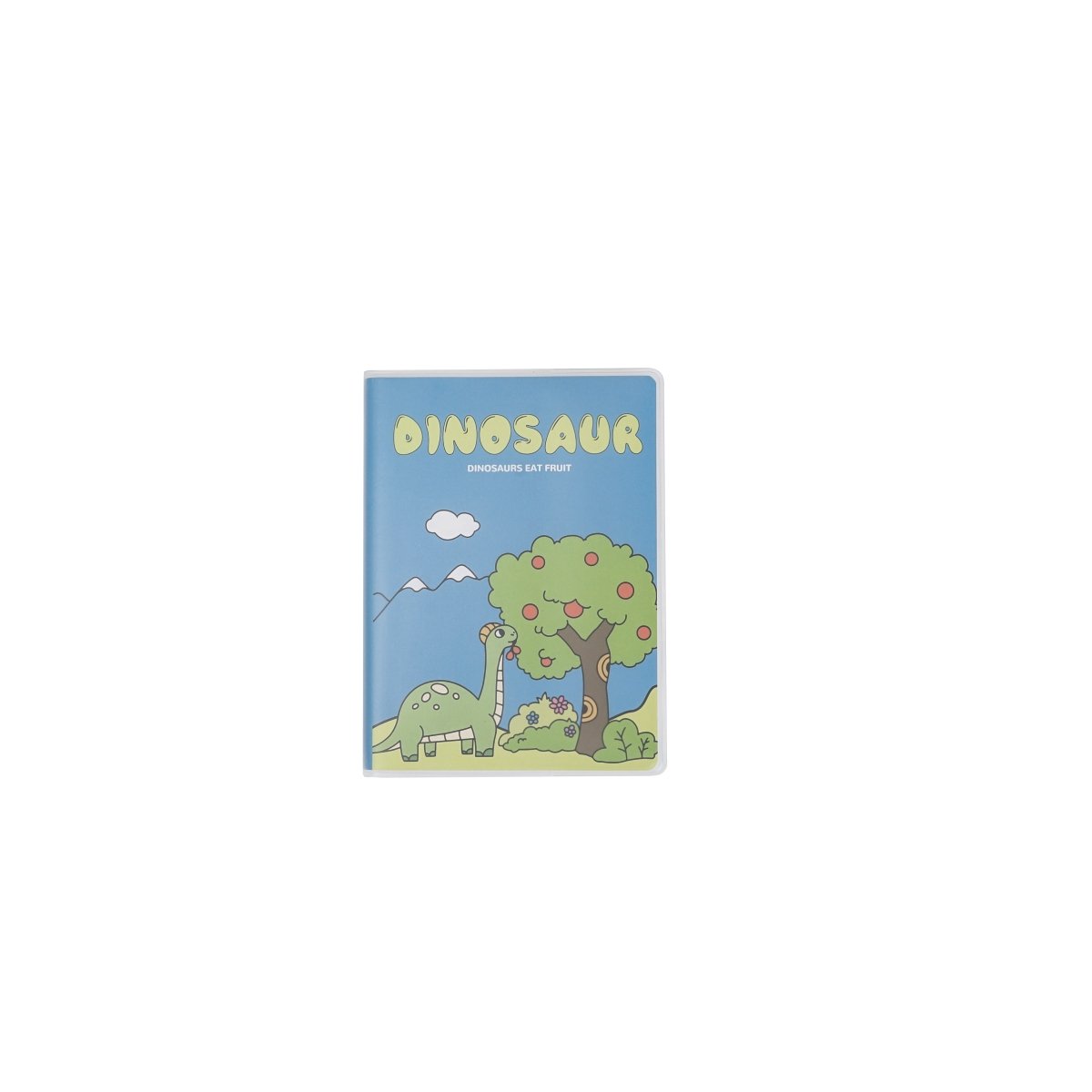 Blue A6 notebook with matte rubber dinosaur cover, tree scene and dinosaur characters