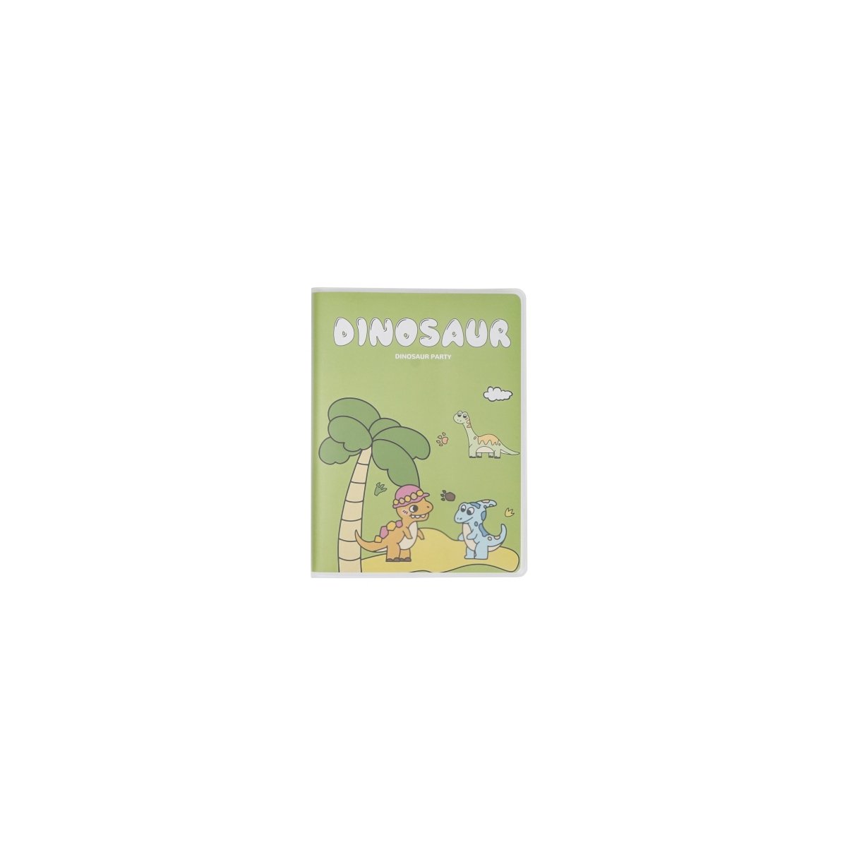 Light green A6 notebook with matte rubber dinosaur cover, dinosaur and jungle tree illustration