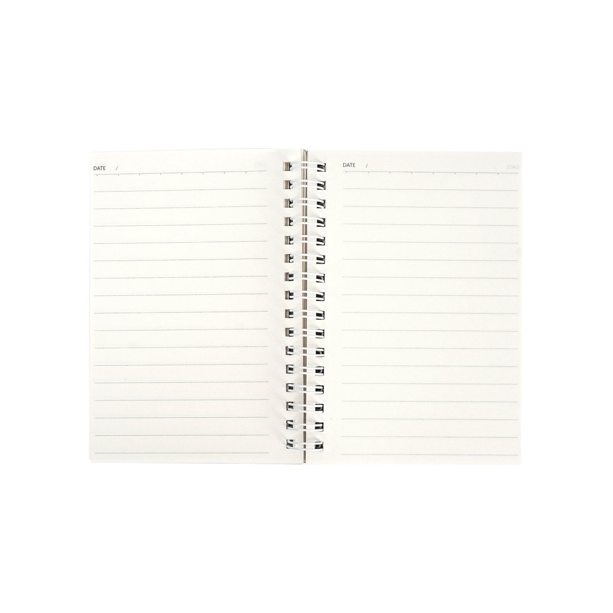 Dinosaur A6 coil notebook, open lined pages with coil spine down the center.