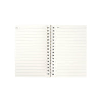 Dinosaur A6 coil notebook, open lined pages with coil spine down the center.