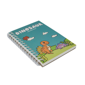 Dinosaur A6 coil notebook, teal cover with cartoon dinosaur and clouds illustration.