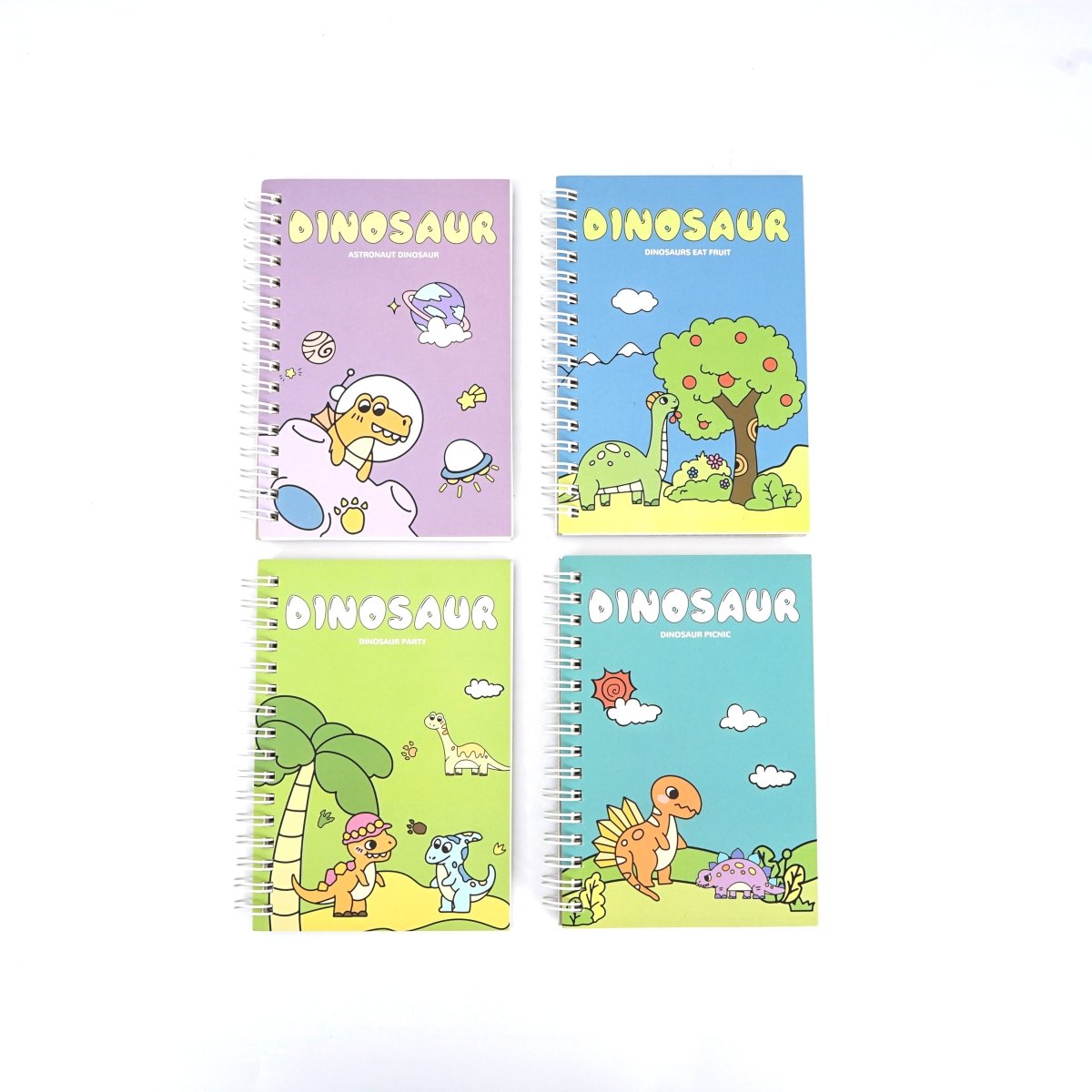 Dinosaur A6 coil notebook set, four pastel covers with different cartoon dinosaur scenes.