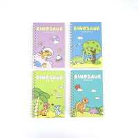 Dinosaur A6 coil notebook set, four pastel covers with different cartoon dinosaur scenes.