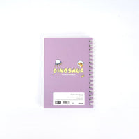 Dinosaur A6 coil notebook back cover, purple with small dinosaur icons and barcode label.