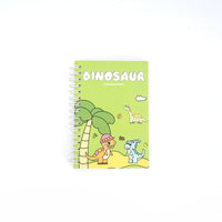Dinosaur A6 coil notebook, light green cover with palm tree and cartoon dinosaurs.