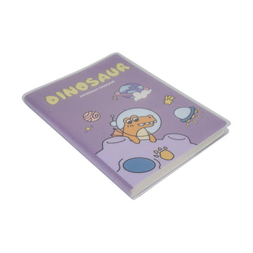 Purple A6 notebook with matte rubber dinosaur cover, cartoon dino and footprints