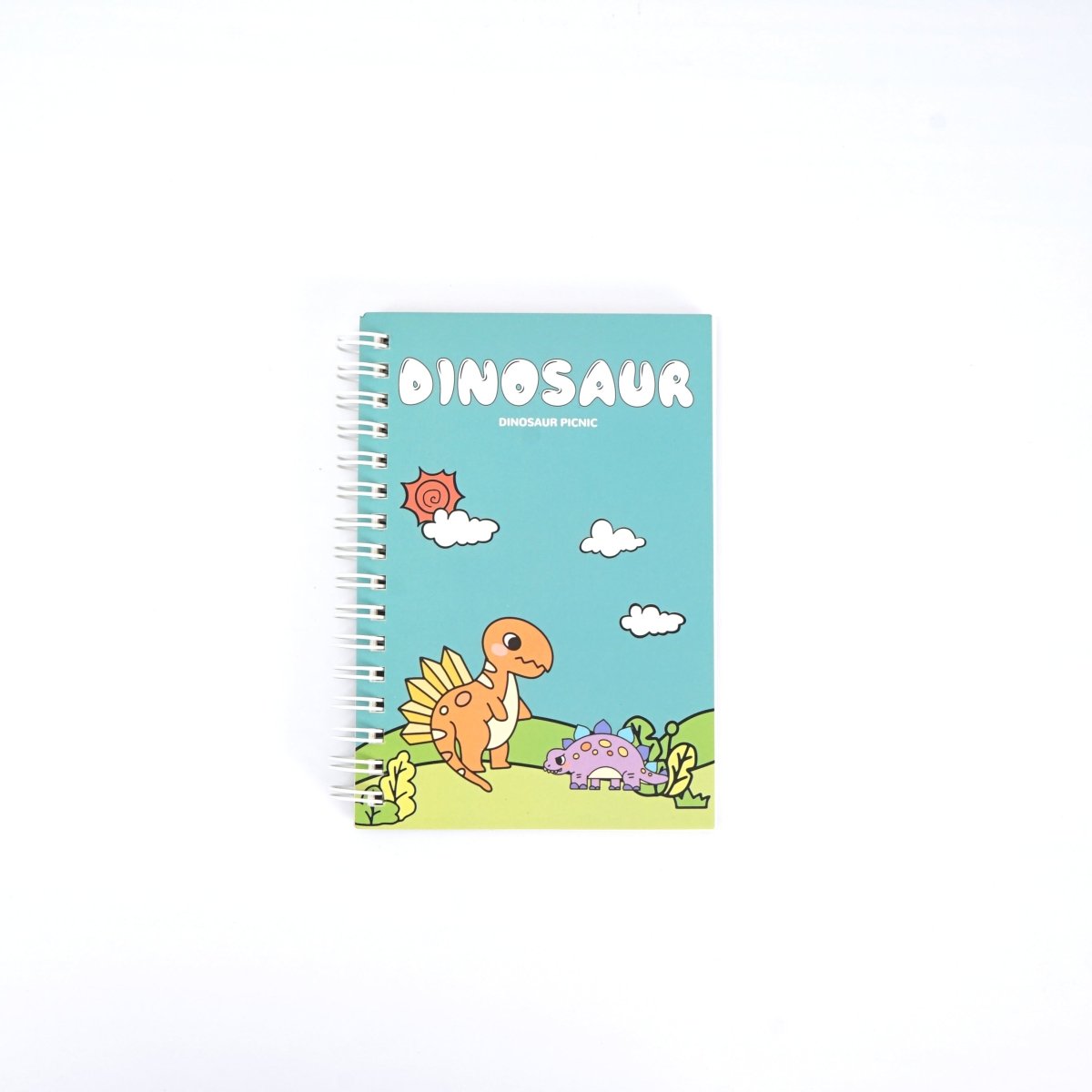 Dinosaur A6 coil notebook, light blue cover with orange dinosaur, clouds, and plants.