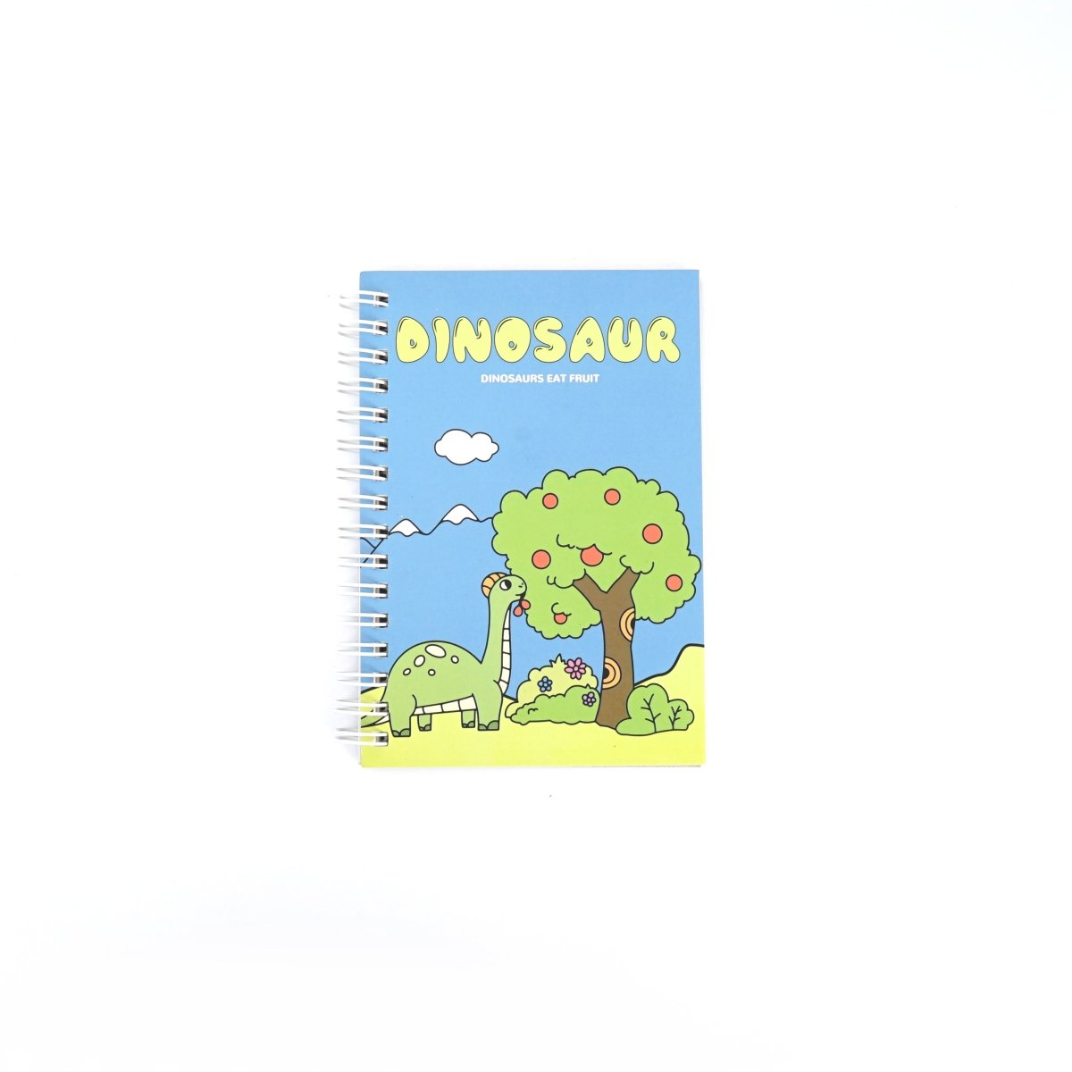 Dinosaur A6 coil notebook, blue cover with green tree, dinosaur, and small plants.