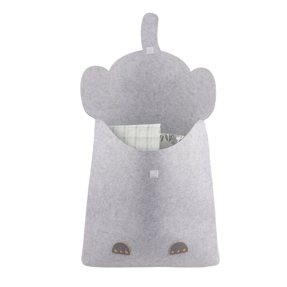 Gray felt elephant laundry basket with stitched ears, trunk pocket, and paw feet.