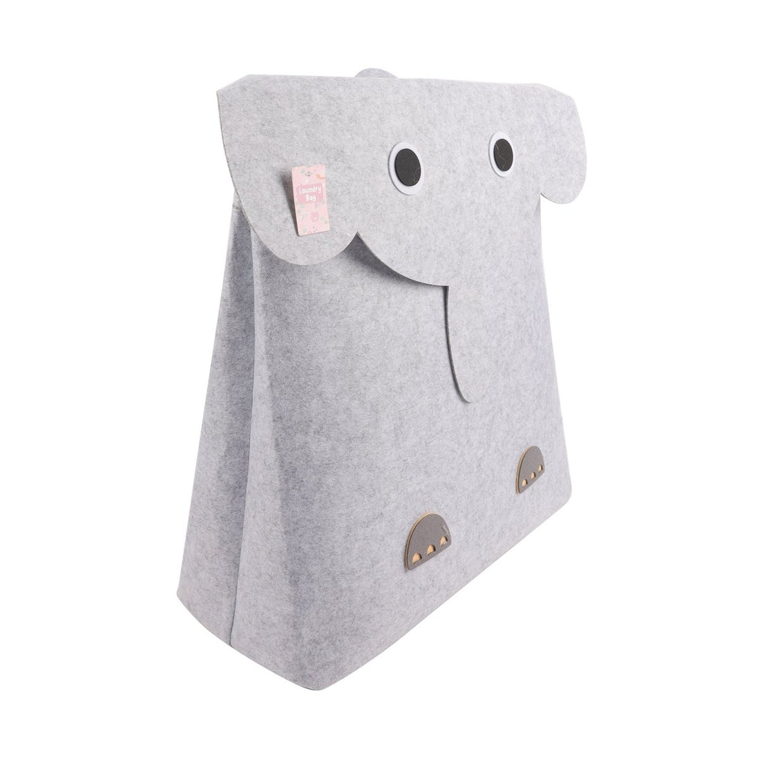 Gray felt elephant laundry basket with large ears, trunk opening, and paw patches.