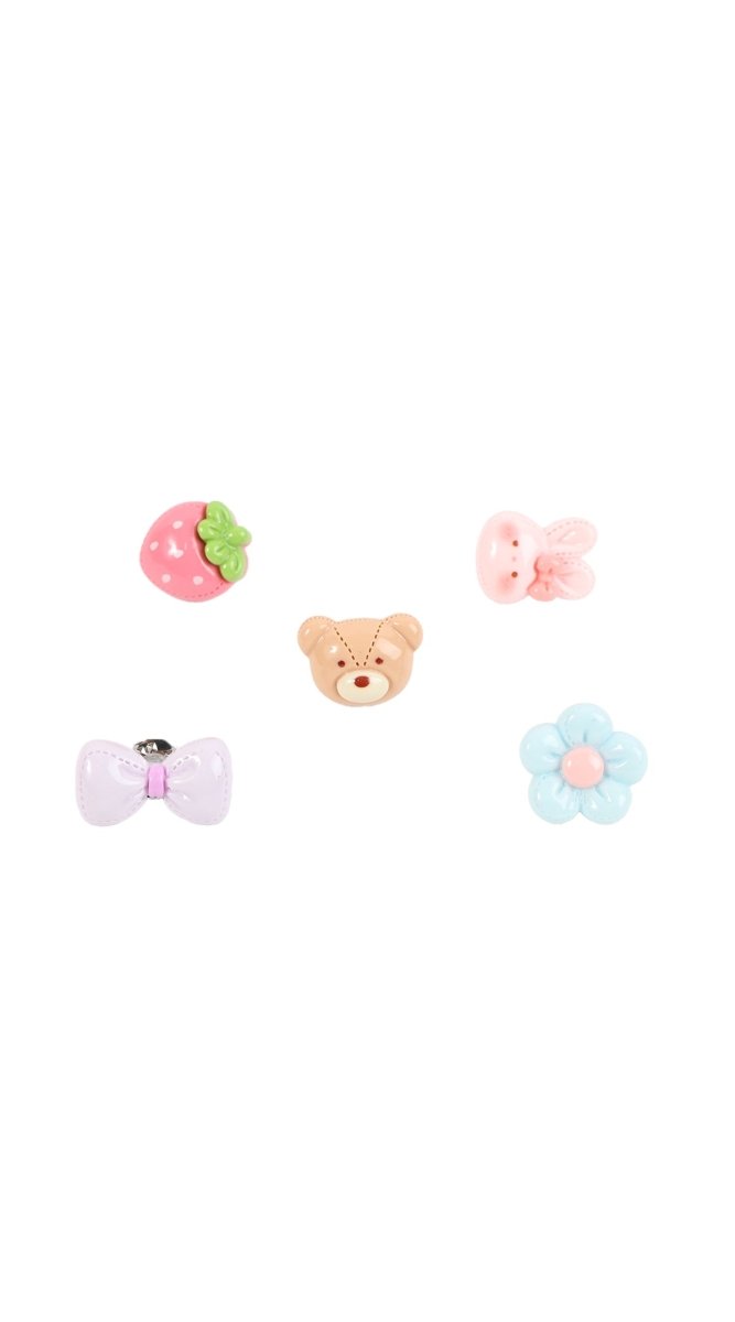 Five pastel character hair pins: strawberry, bow, bear, heart, flower