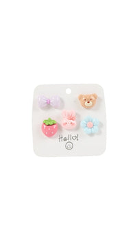 Five-piece pastel Hello character hair pin set on card backing