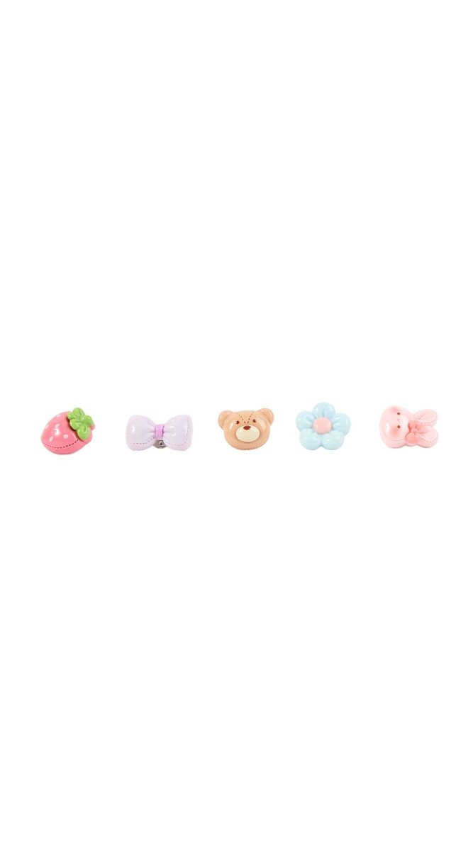 Five pastel character hair pins, including bear, flower, and bunny shapes