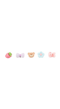 Five pastel character hair pins, including bear, flower, and bunny shapes