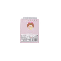 A7 spiral notebook back cover, pink with cute girl graphic and barcode label