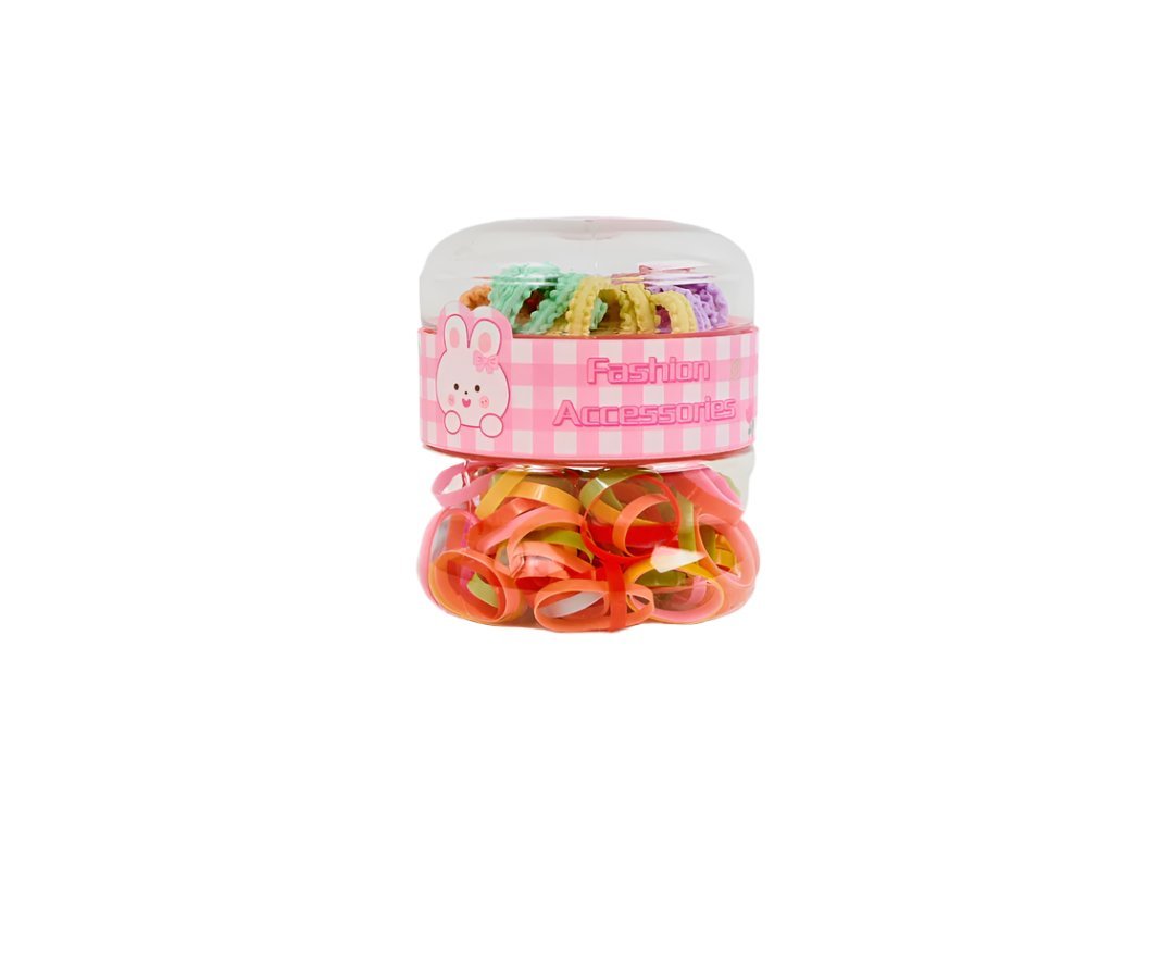 Plastic container filled with colorful hair ties in orange and pink