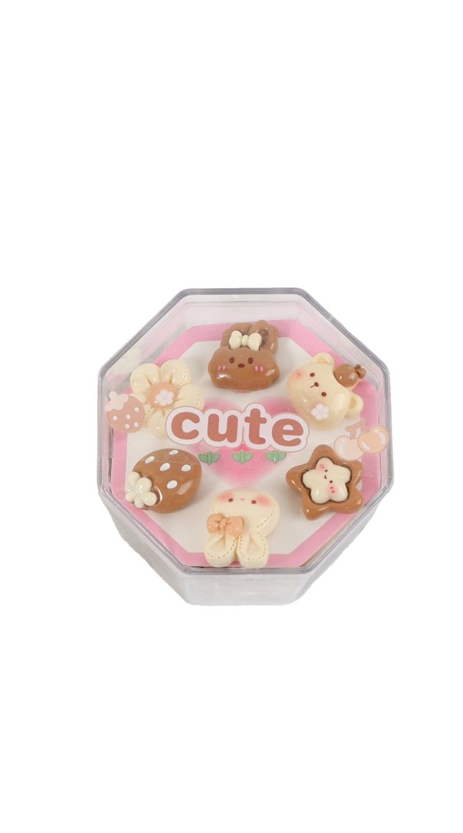 Kids cartoon hair elastics in octagon box with Cute badge and charm designs