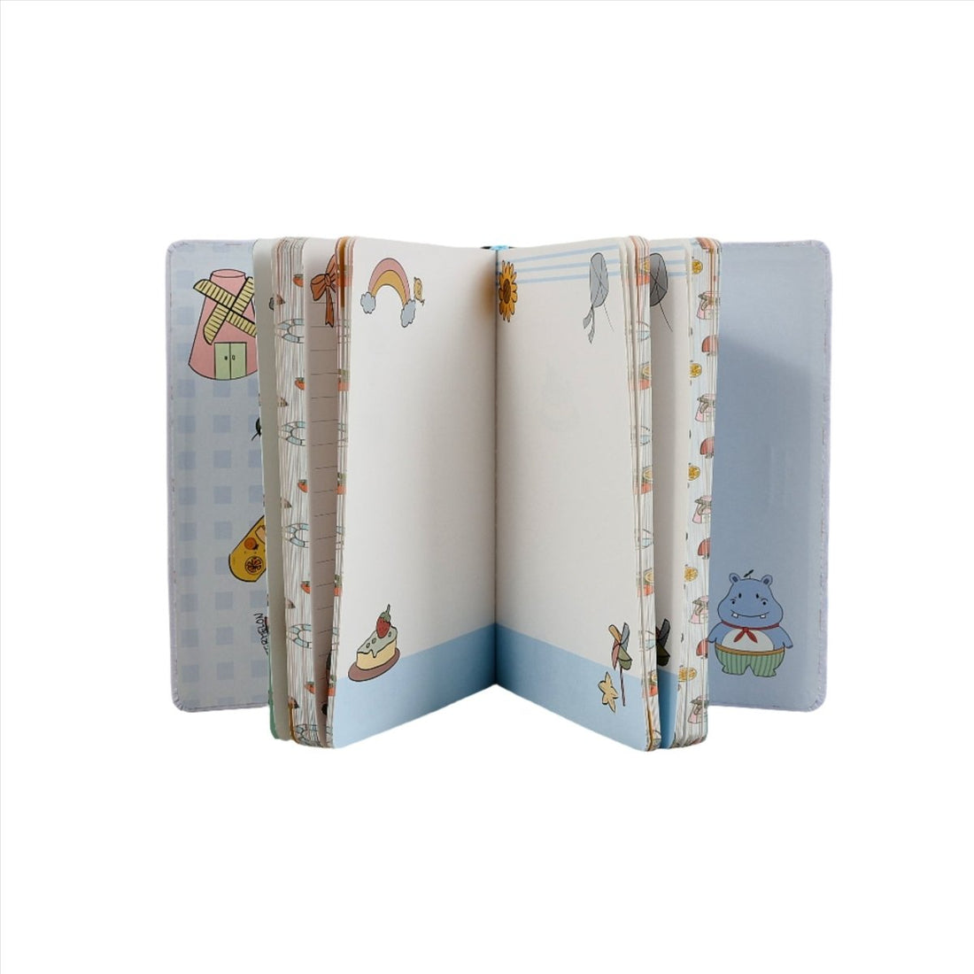 Pocket-size notebook open, showing printed inside pages and stitched spine