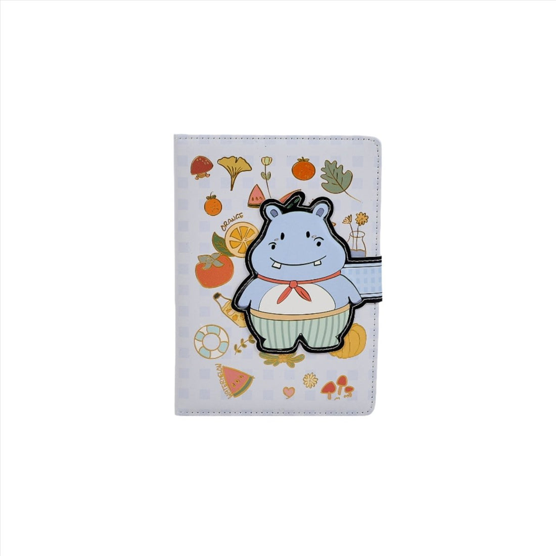 Pocket-size notebook cover with cute hippo cartoon and colorful icons