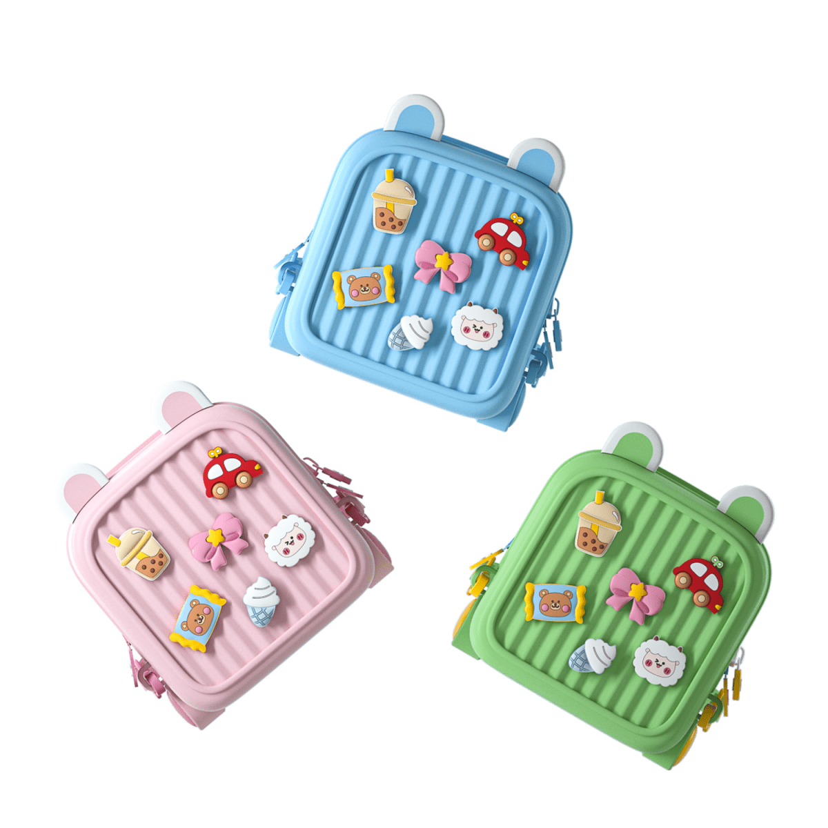 Kids backpack set in pink, blue, and green with striped fronts and charm patches