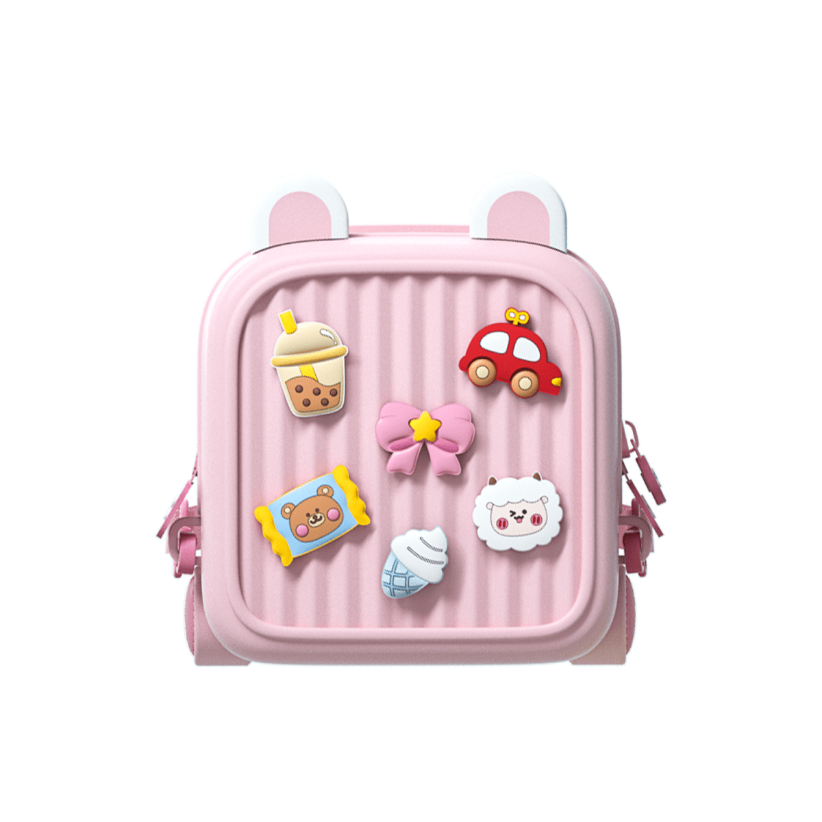 Kids backpack in pink with striped front and hanging animal/food charm patches