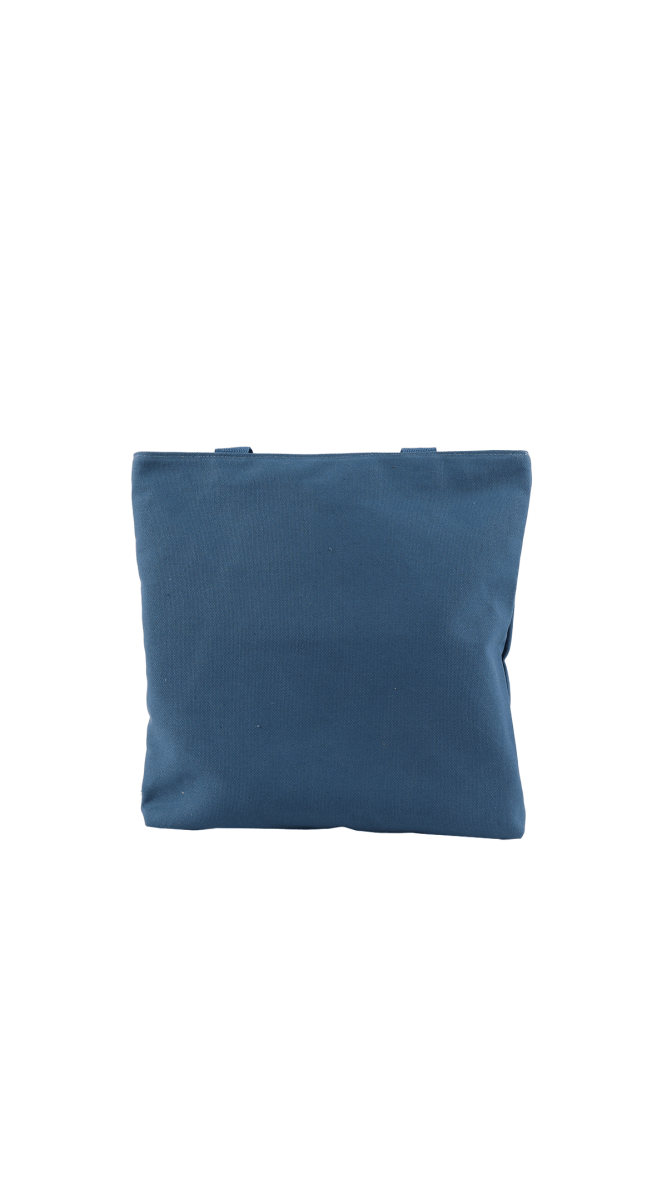Blue canvas kids tote bag with short top handle, no visible graphic