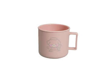 Pink kids' cartoon mug with bear and flower graphic, side handle