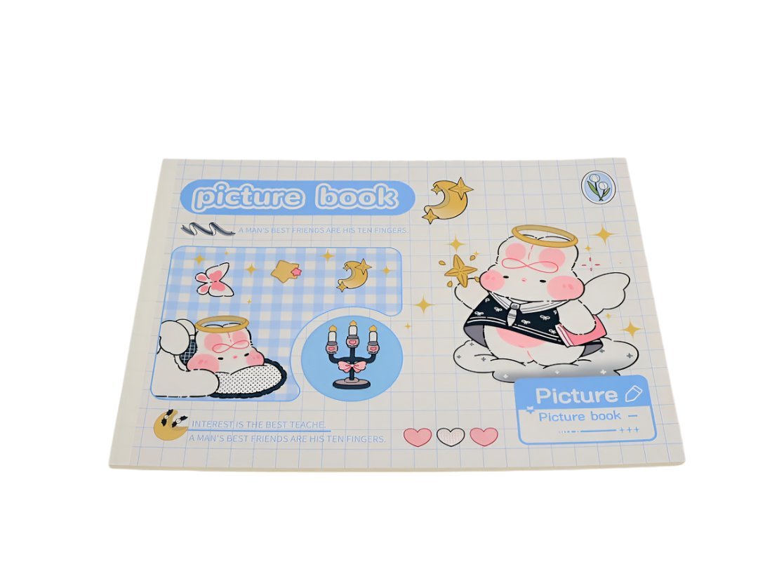 Kids' picture drawing book, light blue cover with bear in costume and small activity boxes