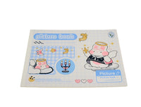 Kids' picture drawing book, light blue cover with bear in costume and small activity boxes