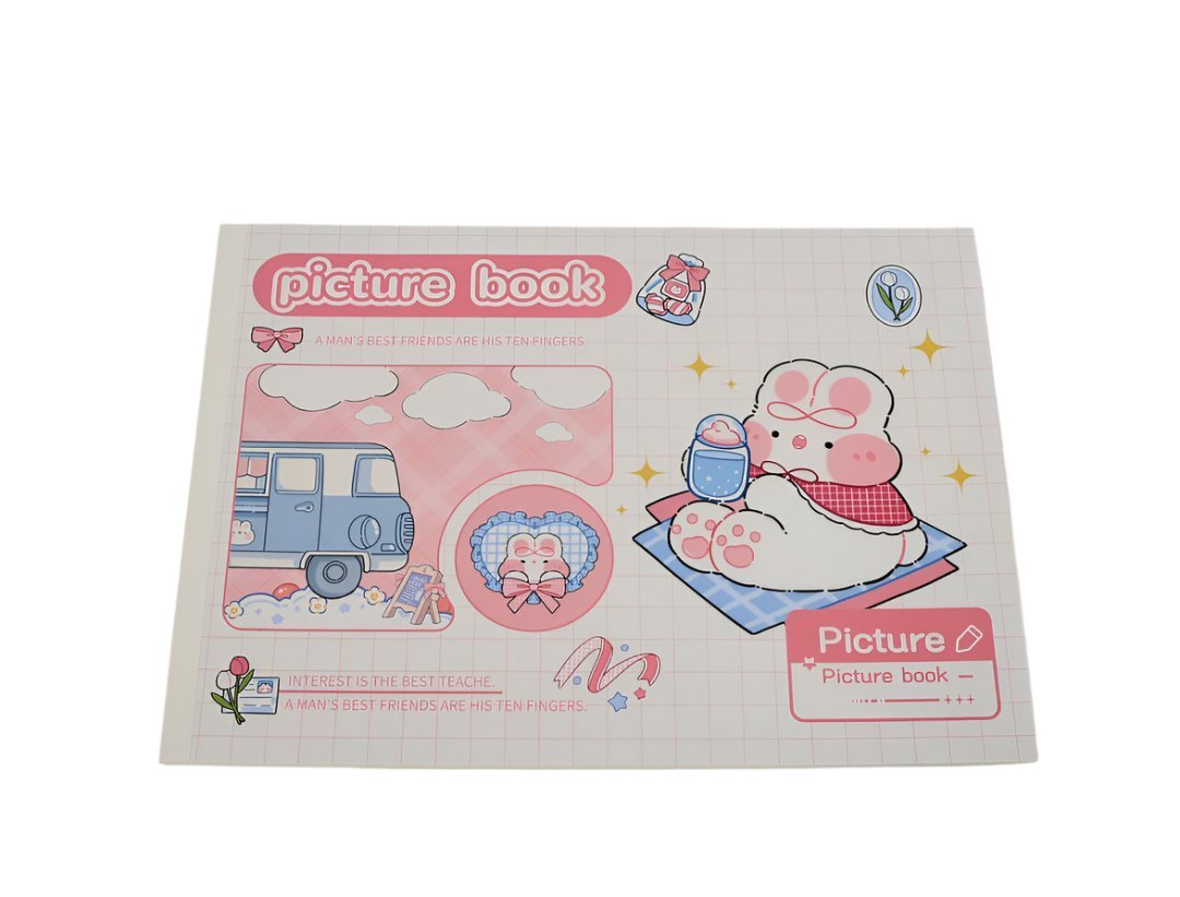 Kids' picture drawing book, pink cover with bus, cat shapes, and bear artwork