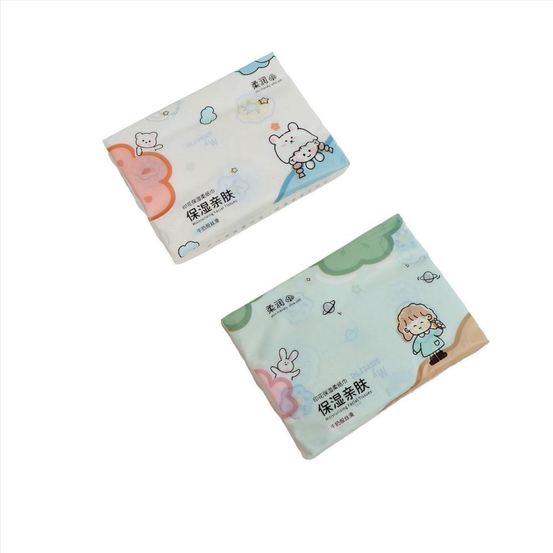 Kids moisturizing facial tissue packs, light blue and pale green with cartoon animals