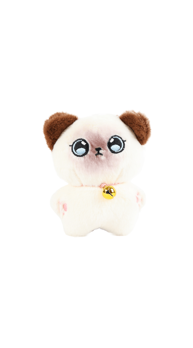 Plush bell cat keychain, brown and white, with gold bell charm and key ring loop