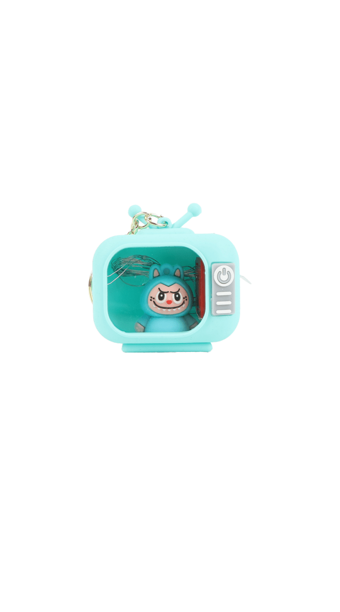 Light blue TV cartoon keychain with LED light; character face in screen, keyring