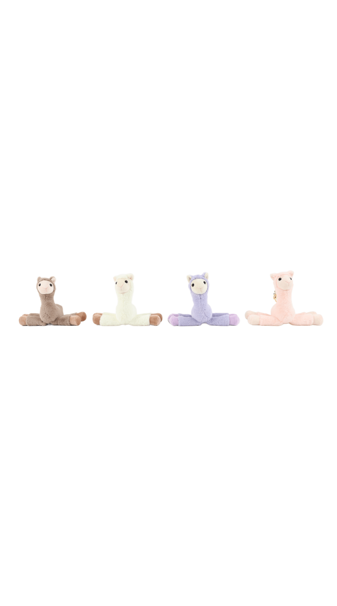 Cute llama plush keychains set of four in brown, cream, lavender, and pink.