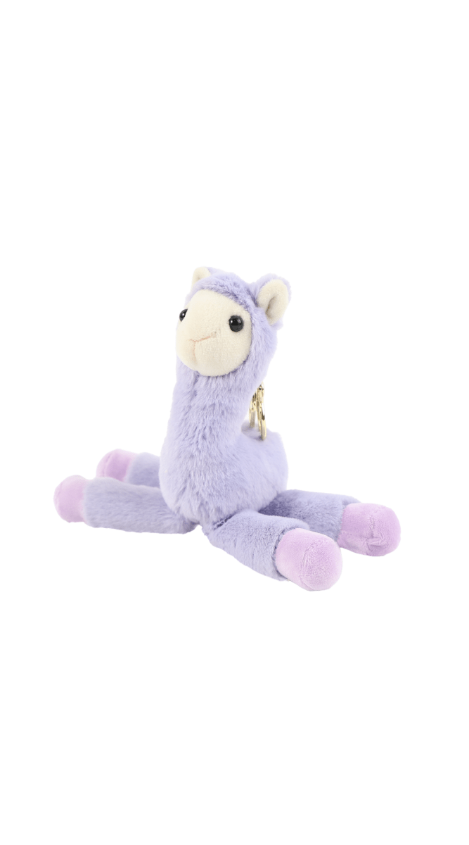 Cute llama plush keychain in lavender, side view with stitched eyes and tail.