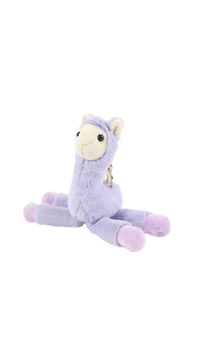 Cute llama plush keychain in lavender, side view with stitched eyes and tail.